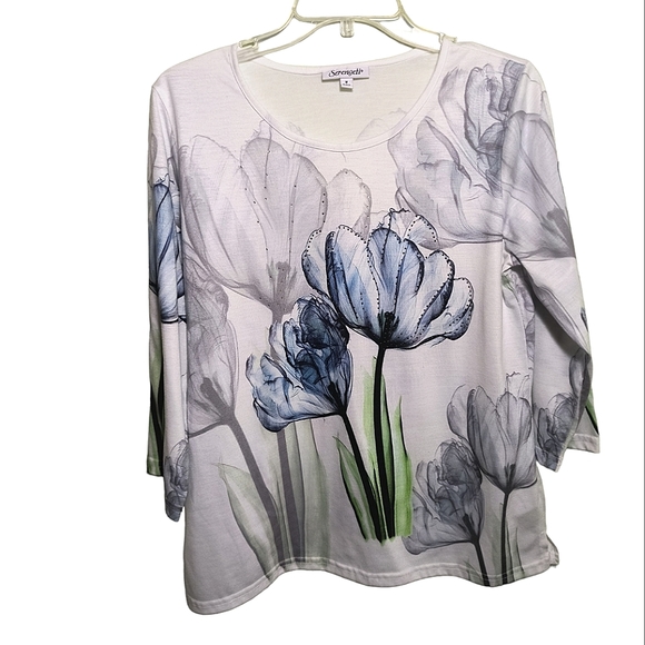 Serengeti White 3/4 sleeve floral print t-shirt top size M - Picture 2 of 13